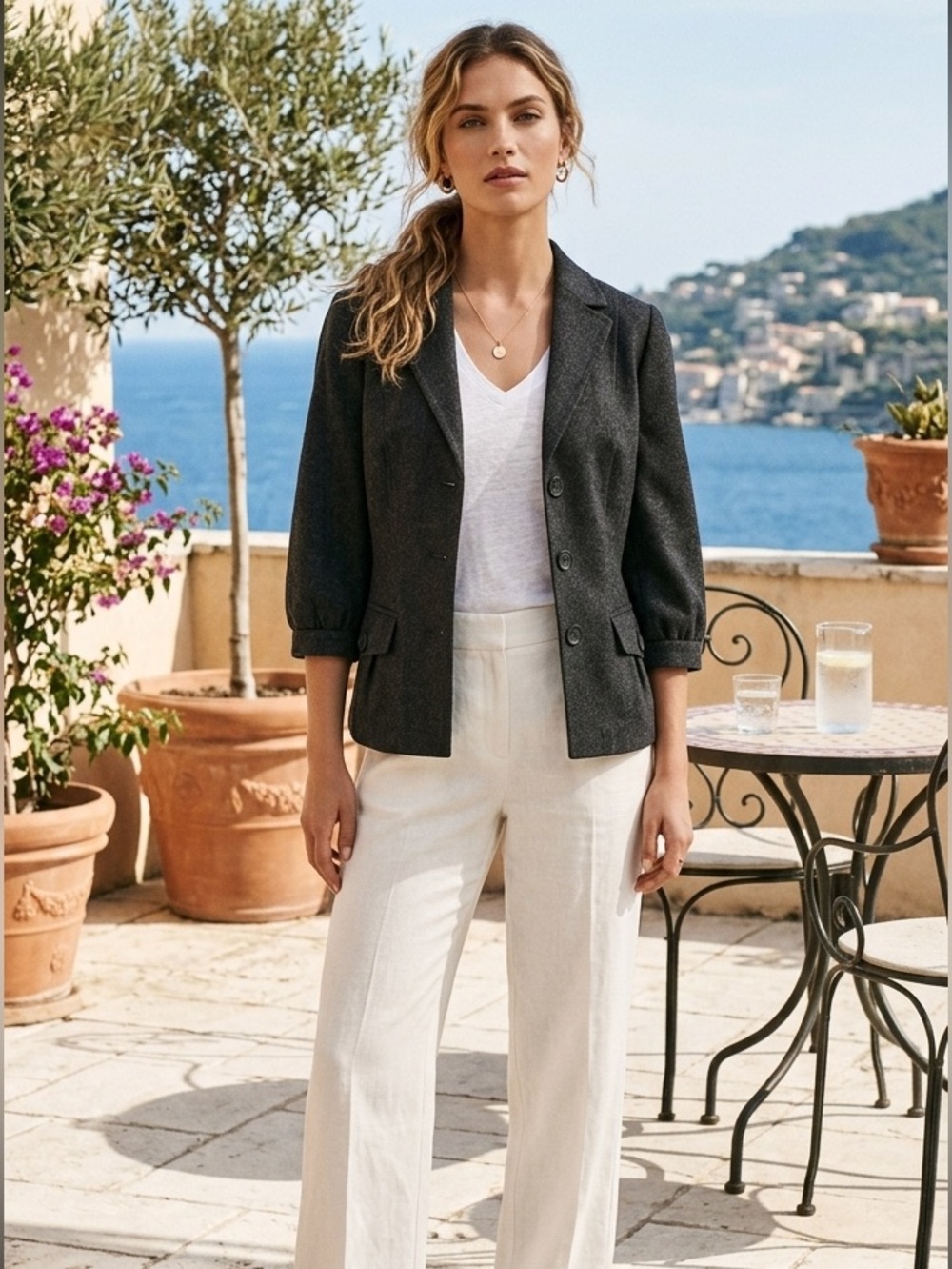 Banana Republic Wool Blend 3-Button 3/4 Puff Sleeve Blazer Charcoal Gray Size 4